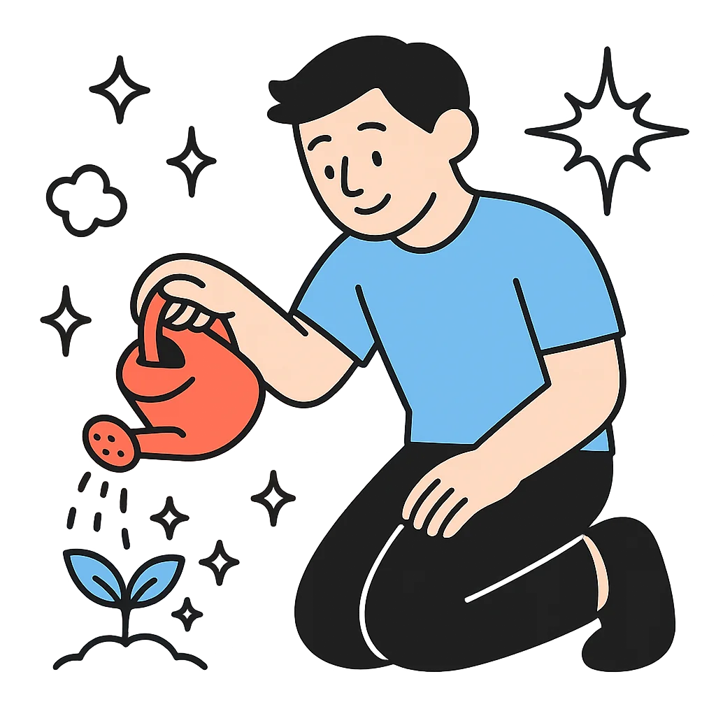 芽吹いた若木に水をやる人